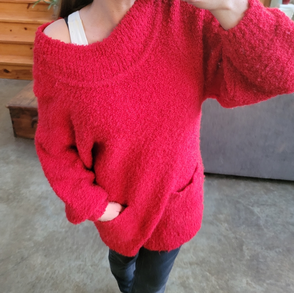 Red Vintage Sweater Dress Long Red Fuzzy Tunic Chucky Knit Pockets L'Rue Vive S